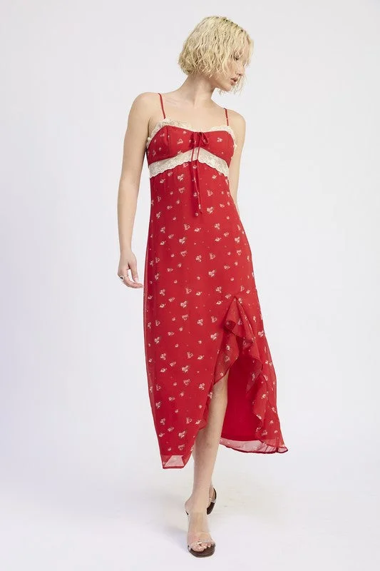 SPAGHETTIE STRAP RUFFLE MAXI DRESS
