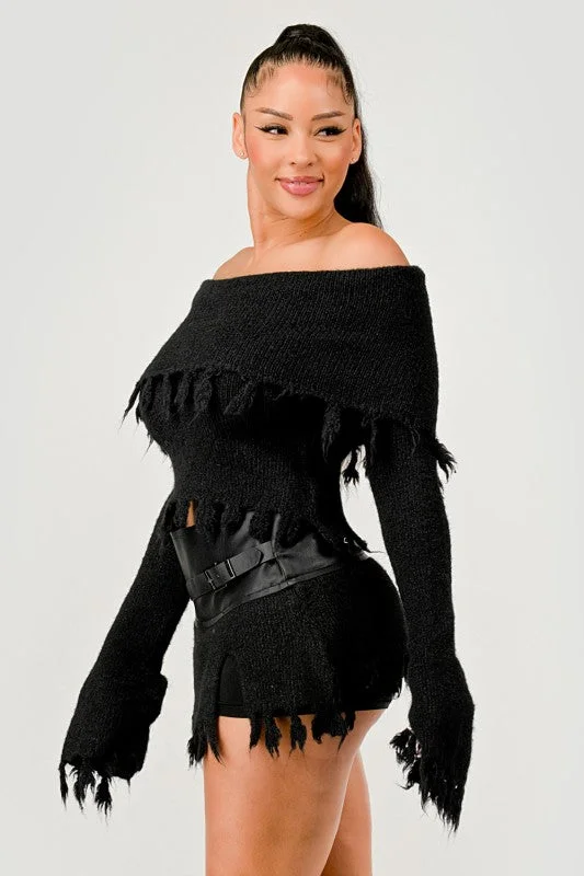 Off-Shoulder Knit Set with Faux Leather Mini Skirt