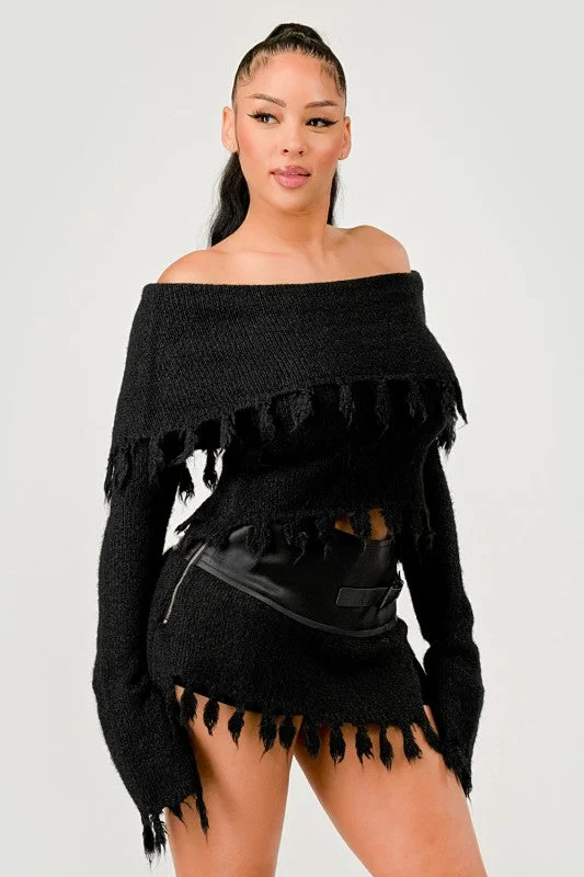 Off-Shoulder Knit Set with Faux Leather Mini Skirt