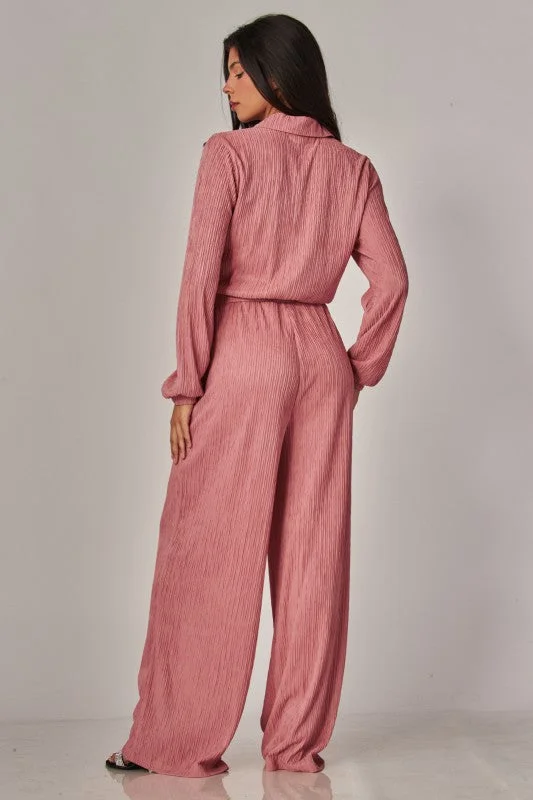 Crinkled Plisse Button Up Casual Jumpsuit