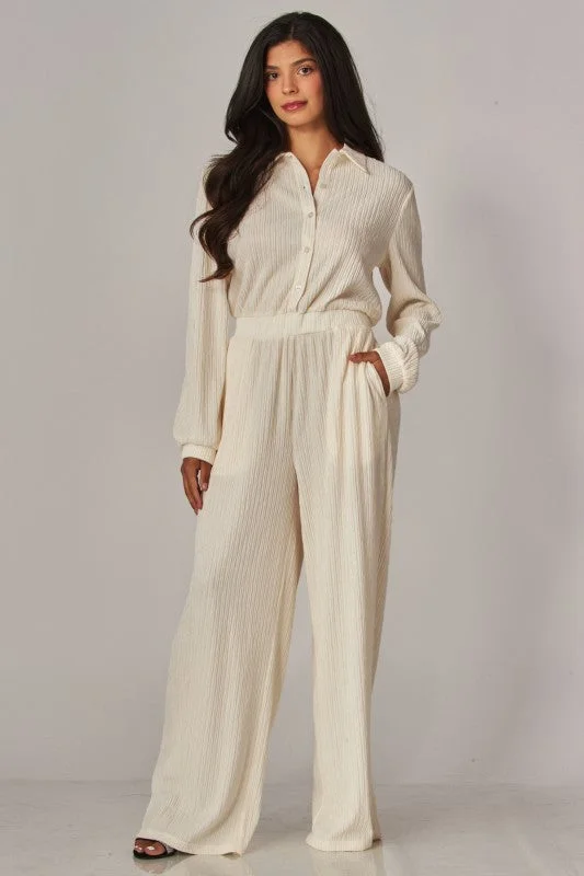 Crinkled Plisse Button Up Casual Jumpsuit