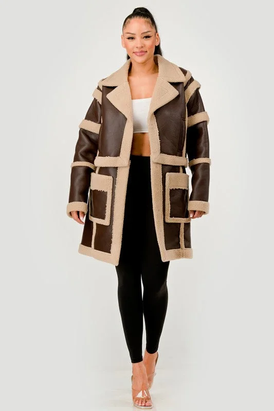 Brown Faux Leather Shearling Trim Coat