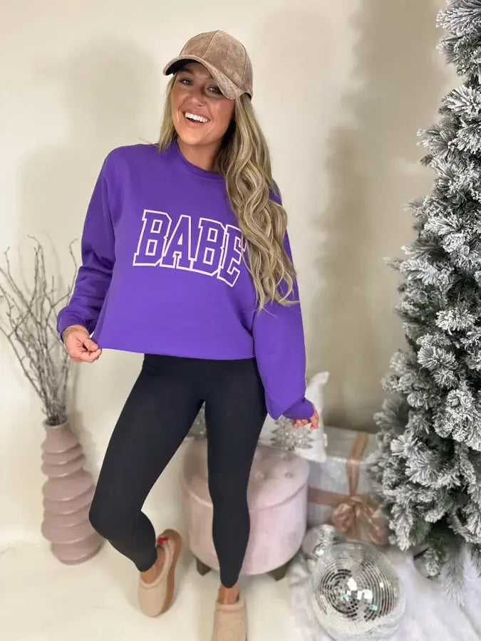 Babe Purple Cropped Puff Print Graphic Crewneck