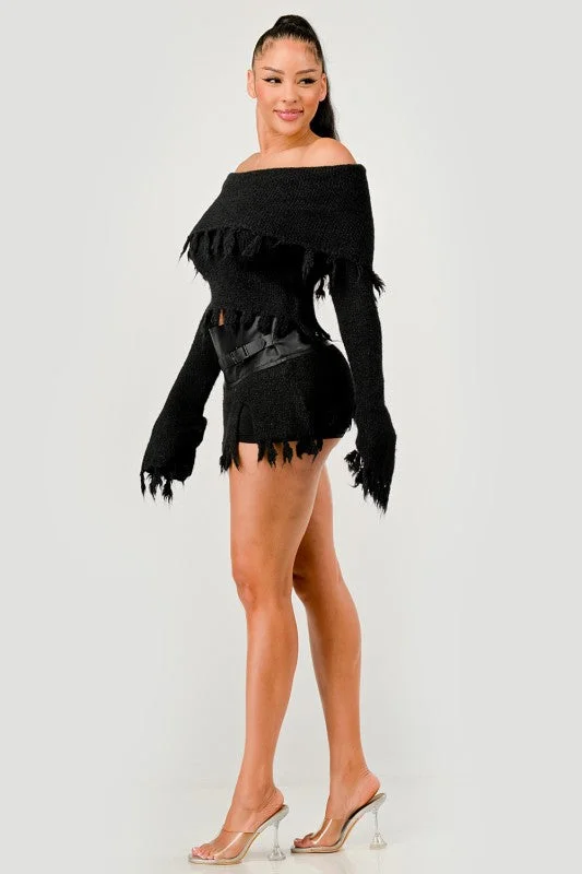 Off-Shoulder Knit Set with Faux Leather Mini Skirt