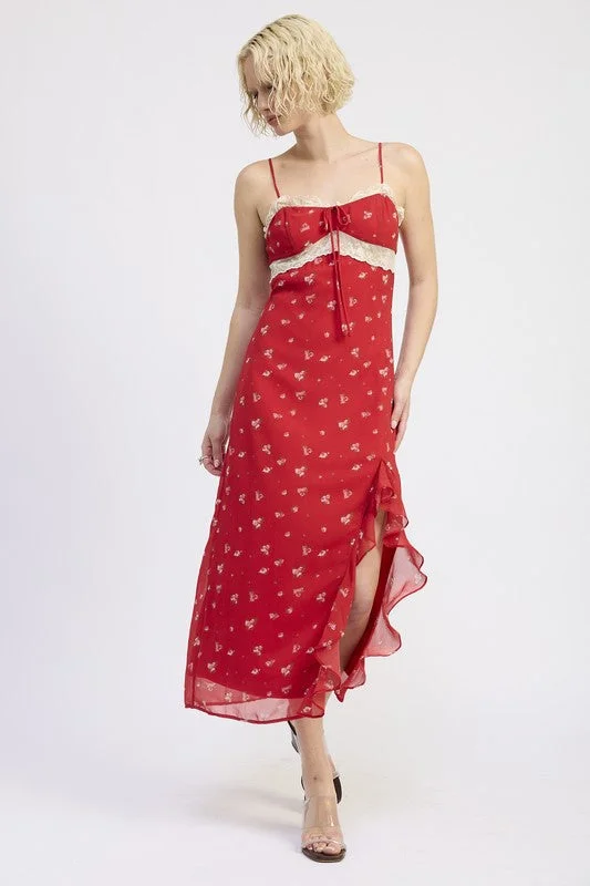 SPAGHETTIE STRAP RUFFLE MAXI DRESS