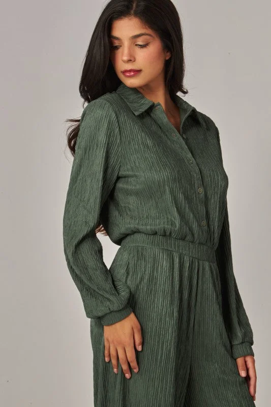 Crinkled Plisse Button Up Casual Jumpsuit