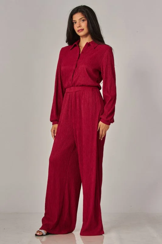 Crinkled Plisse Button Up Casual Jumpsuit