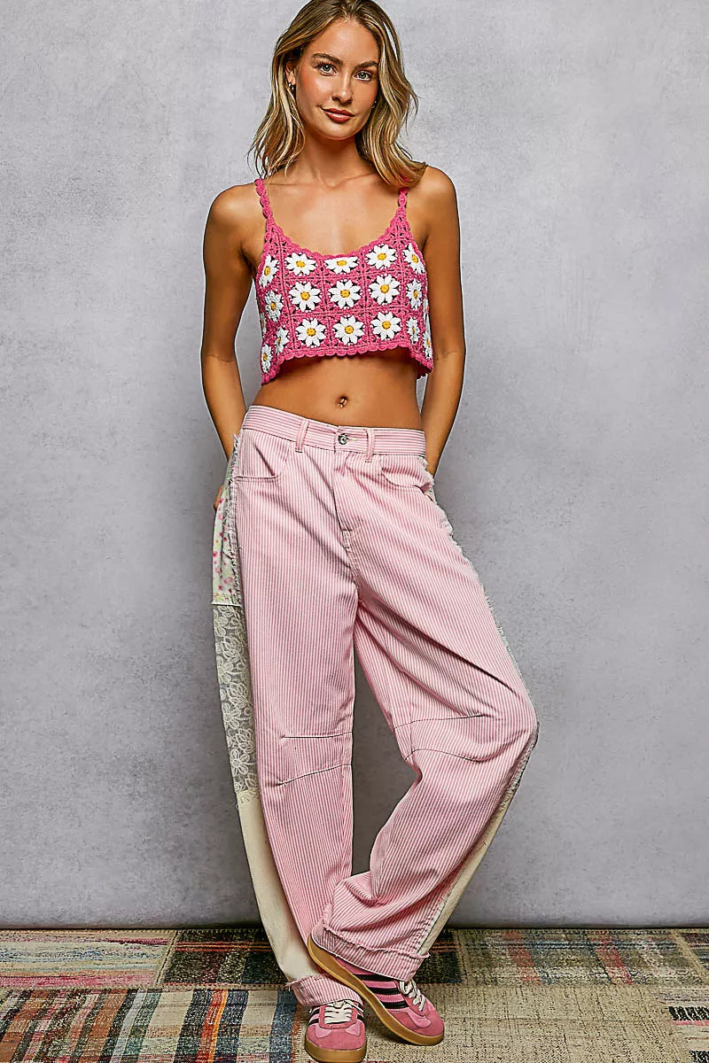 POL Floral Pattern Crochet Cropped Cami with Scalloped Edge