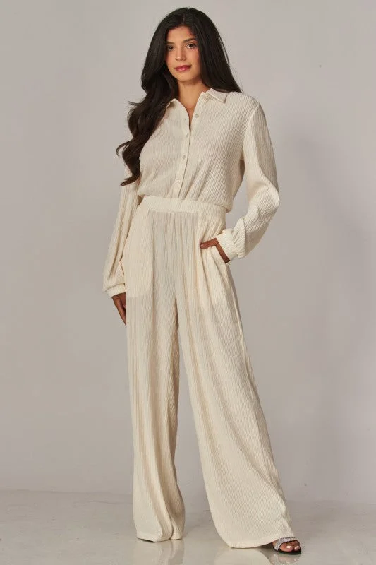 Crinkled Plisse Button Up Casual Jumpsuit