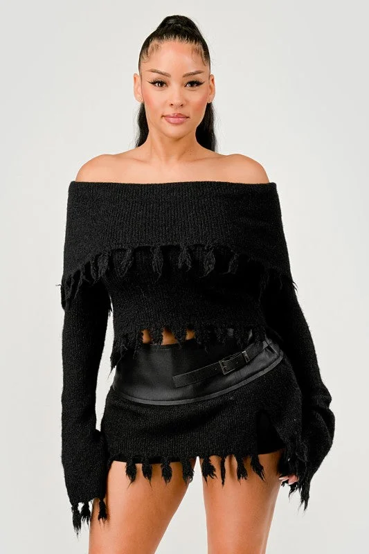 Off-Shoulder Knit Set with Faux Leather Mini Skirt